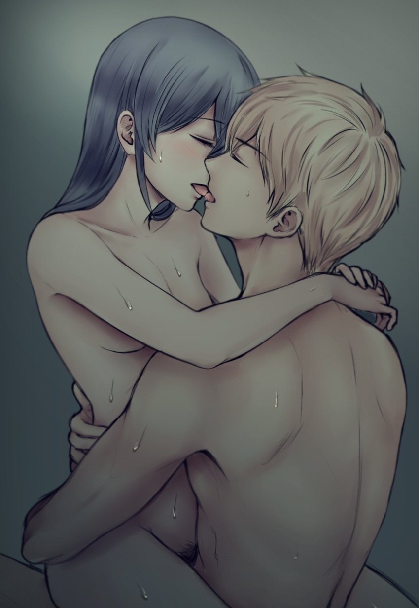 1boy arms_around_neck ayumi_shinozaki black_hair blonde_hair blush breasts closed_eyes corpse_party cpsuna5119 eyebrows_visible_through_hair female french_kiss highres hug kissing long_hair male_pubic_hair nude pubic_hair sex short_hair sketch small_breasts straddling straight sweat tongue upright_straddle vaginal_penetration wholesome yoshiki_kishinuma