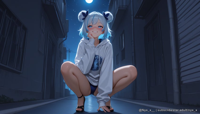 1girl ai_generated bare_legs black_footwear blue_bow blue_eyes blue_hair blue_panties blush bow double_bun drawstring feet full_body full_moon grin hair_bow hair_bun hand_on_own_face high_heels hood hood_down hoodie legs long_sleeves looking_at_viewer moon multicolored_hair night night_sky no_pants nyx_x outdoors panties sandals short_hair sky smile solo spread_legs squatting star_(sky) starry_sky streaked_hair swimsuit teeth toenail_polish toenails toes underwear white_hair white_hoodie