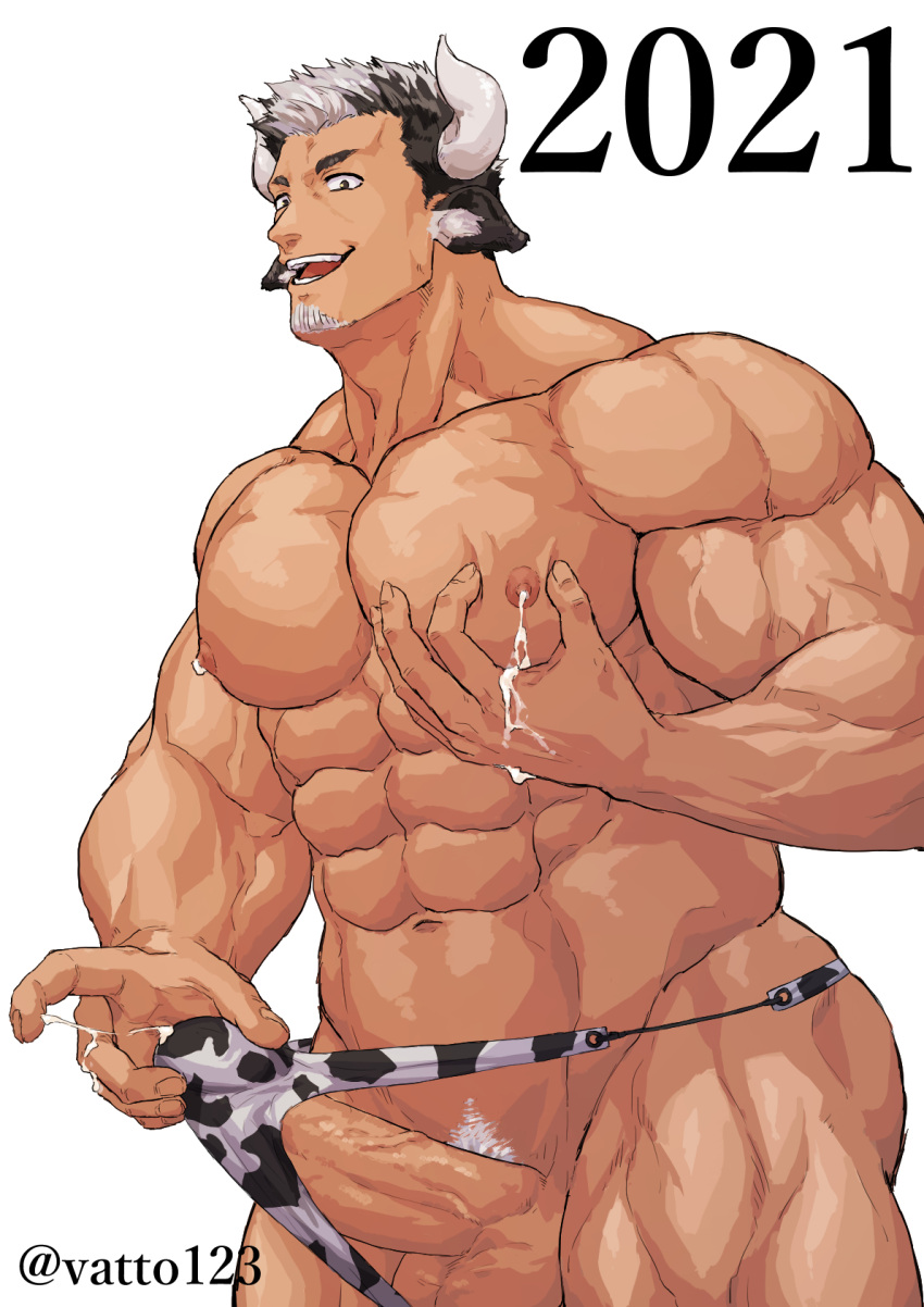 1boy 2021 abs animal_ears animal_print bara black_hair chinese_zodiac cow_boy cow_ears cow_horns cow_print cowboy_shot cum cum_in_clothes cum_string cum_through_clothes erect_nipples erection erection_under_clothes facial_hair goatee grabbing groin happy_new_year highres horns lactation large_pectorals male male_focus male_lactation male_only male_pubic_hair mature_male multicolored_hair muscular muscular_male navel new_year nipples original panties pecs pectoral_grab penis print_panties pubic_hair short_hair sideburns smile solo stomach thick_thighs thighs two-tone_hair underwear underwear_only vatto_(1997522adachi) white_hair year_of_the_ox