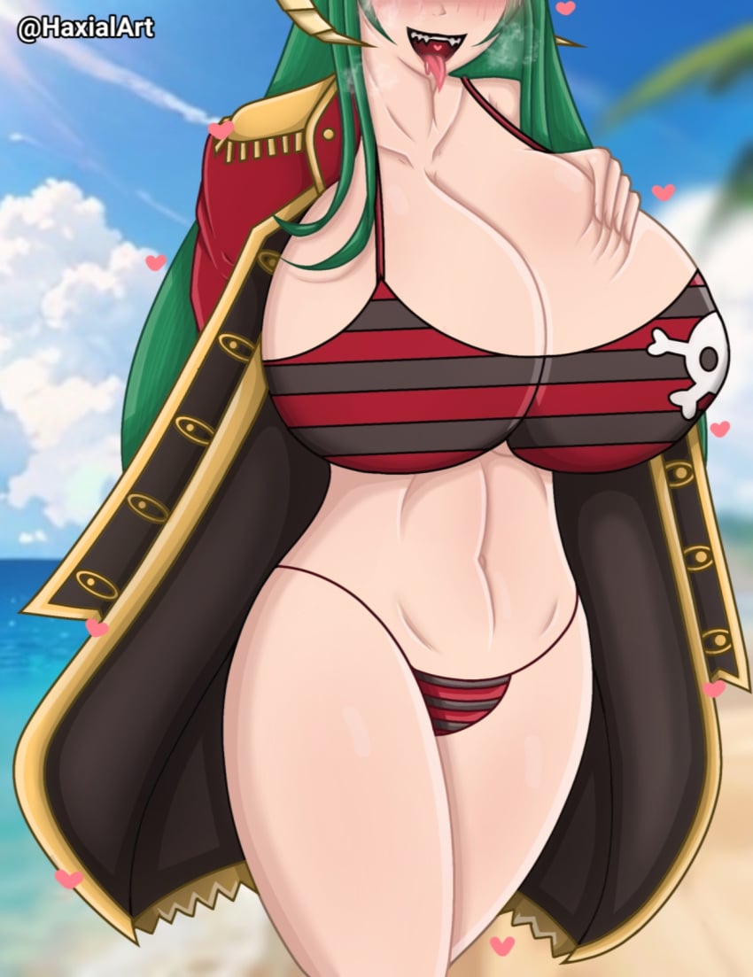 1girls big_breasts bikini blush breast_grab breasts breasts_bigger_than_head breath demon_girl demon_horns demoness elf_ears female grand_summoners green_hair haxial horns horny huge_breasts long_hair massive_breasts pirate riviera riviera_(earth) summer summer_riviera tagme white_skin yellow_eyes