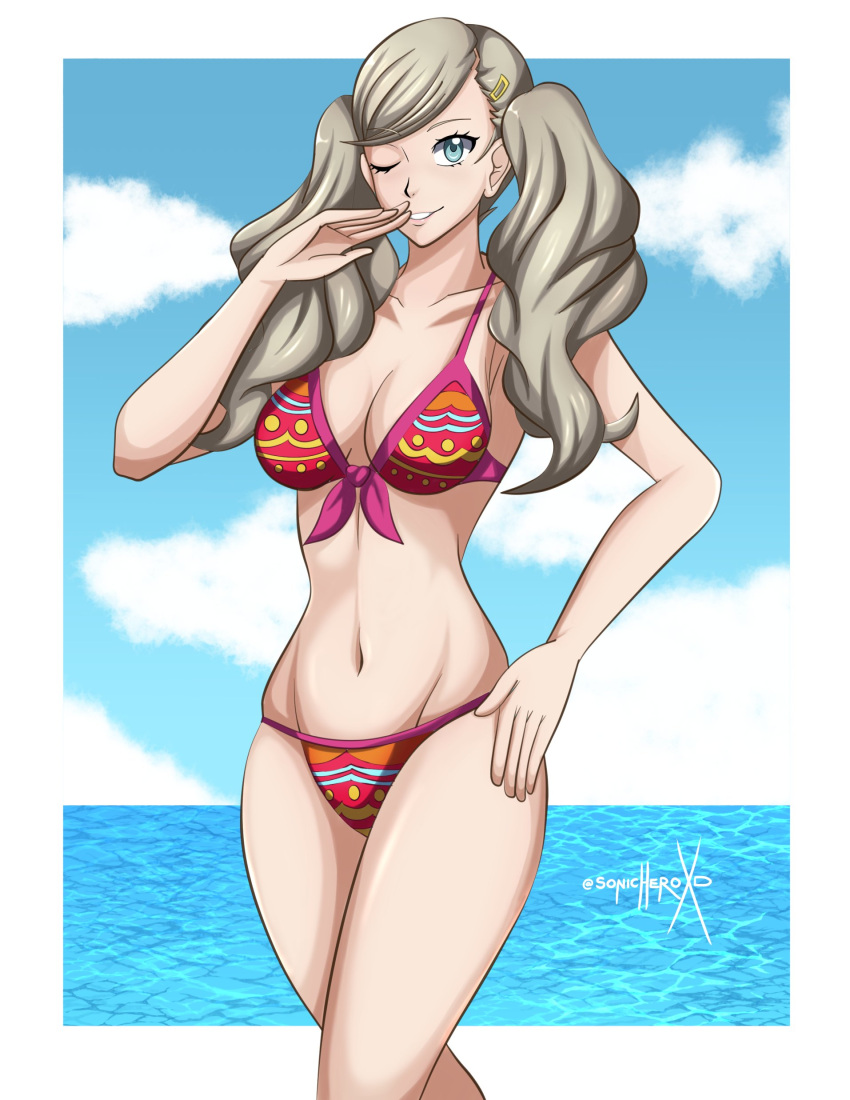 1girls ann_takamaki beach bikini breasts clouds female grey_hair light-skinned_female light_skin lipstick one_eye_closed persona persona_5 public solo sonicheroxd swimsuit teeth twintails water winking winking_at_viewer