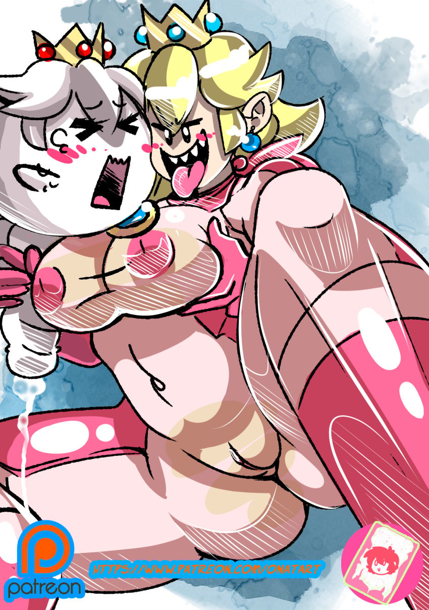 big_breasts big_penis blonde_hair blush body_swap body_takeover body_thief bodysuit boo_(mario) boots downward ejaculation embarrassed evil_smile exposed_breasts forced_ejaculation futa futanari ghost grabbing_own_breast handjob mario_(series) mario_kart nintendo onat onatart out_of_body_experience possession princess_peach sharp_teeth smile torn_bodysuit torn_clothes