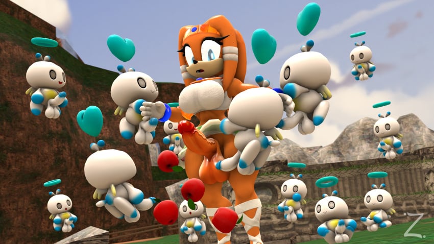 3d 3d_(artwork) anthro apple balls breasts chao_(sonic) clothing echidna erection eyelashes footwear fruit furry futanari gem gloves handwear hero_chao humanoid_penis jewelry looking_down male orange_body orange_hair orange_penis penis skirt smile sonic_(series) surrounded_by_penises tan_body tiara tikal_the_echidna zeniix98