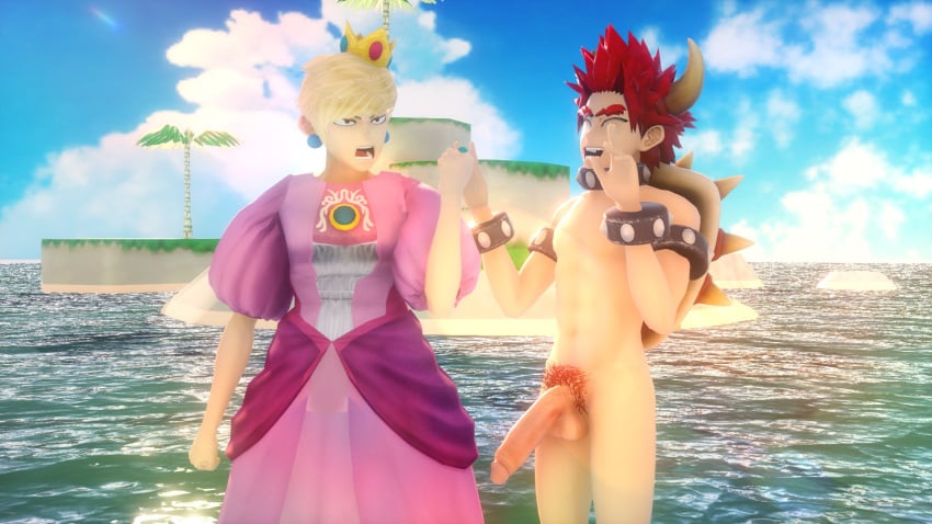 2boys 3d 3d_(artwork) blonde_hair costume dress eijirou_kirishima gay girly horns katsuki_bakugou male male_only mario_(series) my_hero_academia nude_male penis penis_out pubic_hair red_hair red_pubic_hair sleepi4ever water yaoi