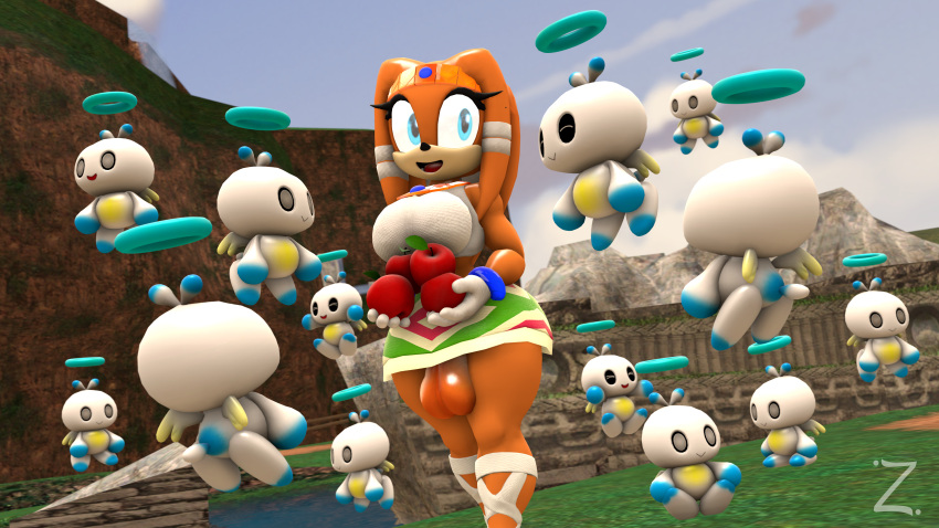 3d 3d_(artwork) anthro apple balls breasts chao_(sonic) echidna eyelashes footwear fruit furry futanari gem gloves handwear hero_chao holding holding_object jewelry male orange_body orange_hair penis skirt smile sonic_(series) tan_body tiara tikal_the_echidna zeniix98