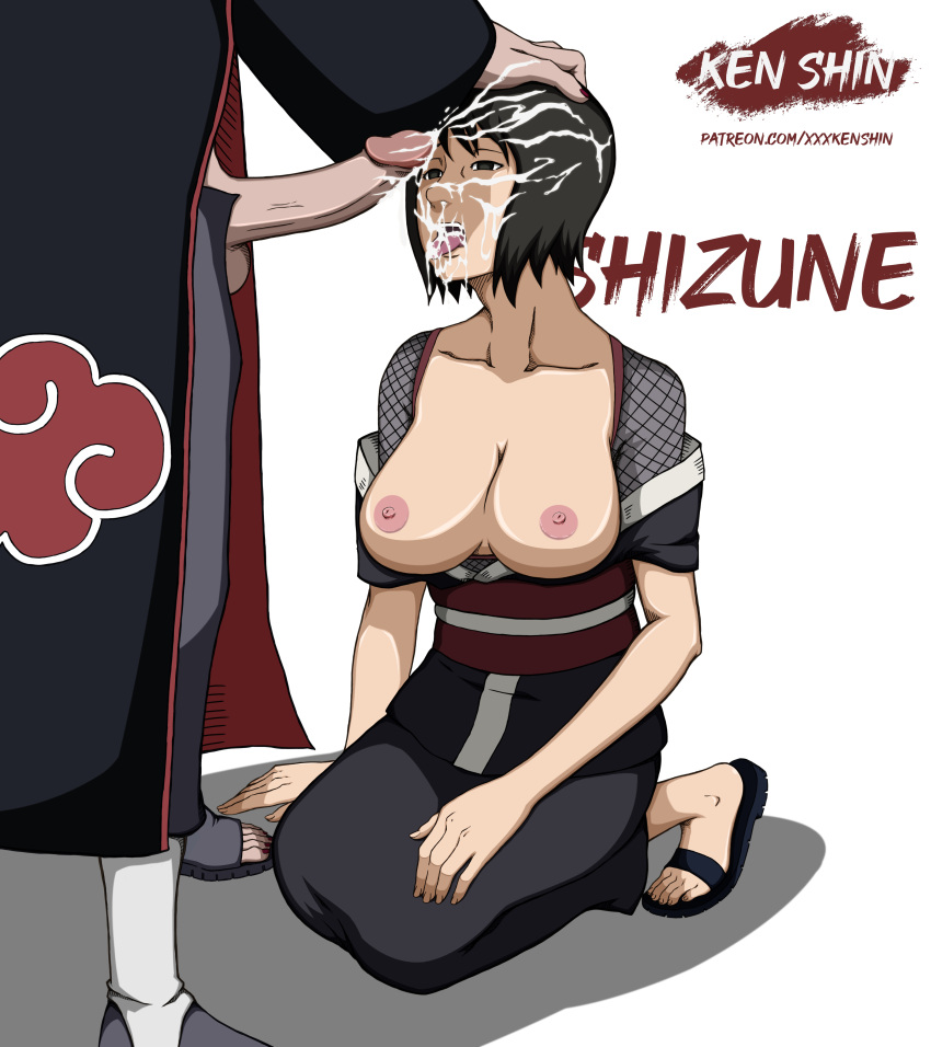 1boy 1boy1girl 1girls akatsuki_(naruto) areolae big_breasts black_eyes black_hair breasts breasts_out character_name cleavage climax cloak clothing cum cum_drip cum_in_nose cum_on_face cum_on_hair cum_on_tongue cum_trail ejaculation empty_eyes erection feet_up female_focus hand_on_head high_resolution kenshin kimono kneeling long_hair mind_break nail_polish naruto naruto_(series) naruto_shippuden nipples open_clothes open_mouth open_pants open_toe_shoes pain_(naruto) pants partial_male penis_out sandals shizune short_black_hair simple_background standing text toes tongue tongue_out url web_address white_background