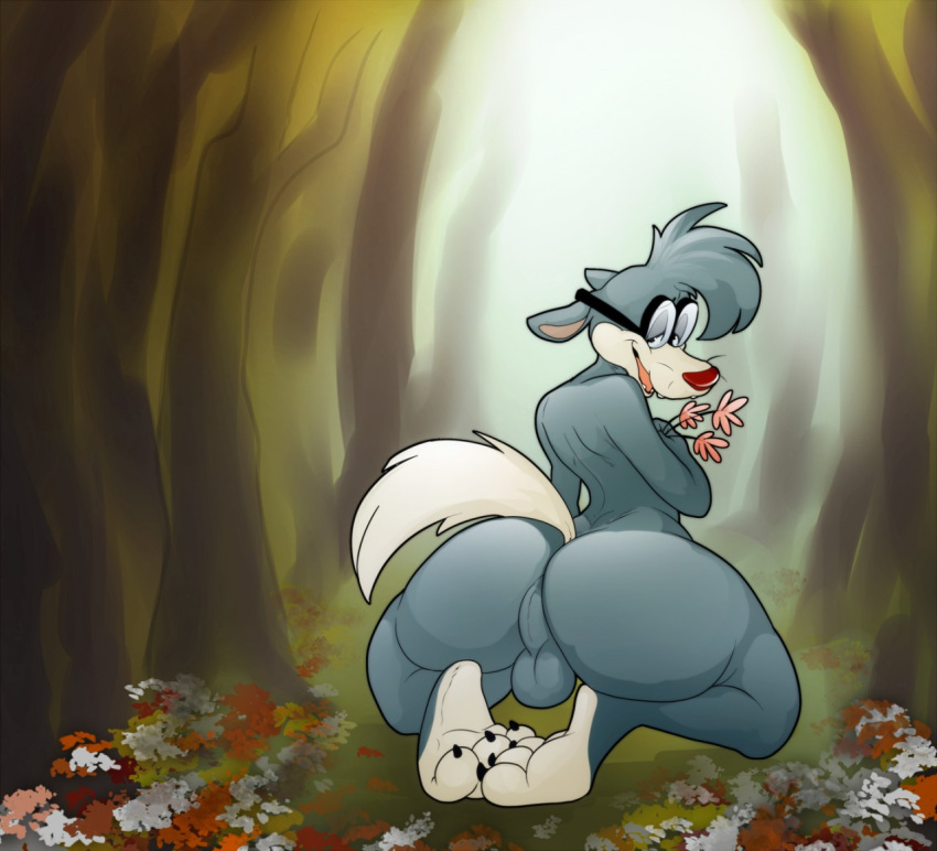 2019 animaniacs anthro ass balls bashful big_butt blue_body blue_fur blue_hair buckteeth canid canine canis claws eyewear flower forest fur genitals glasses gumcrate hair looking_at_viewer looking_back male mammal nude plant rear_view solo teeth tree warner_brothers white_body white_fur wilford_wolf wolf