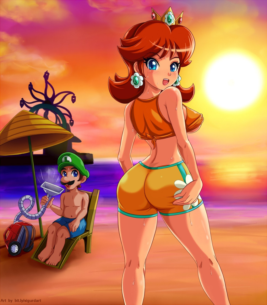 1boy 1boy1girl 1girls ass beach female luigi luigi's_mansion male mario_(series) nintendo orange orange_hair orange_thong princess_daisy shorts sigurdhosenfeld super_mario_bros. super_mario_sunshine