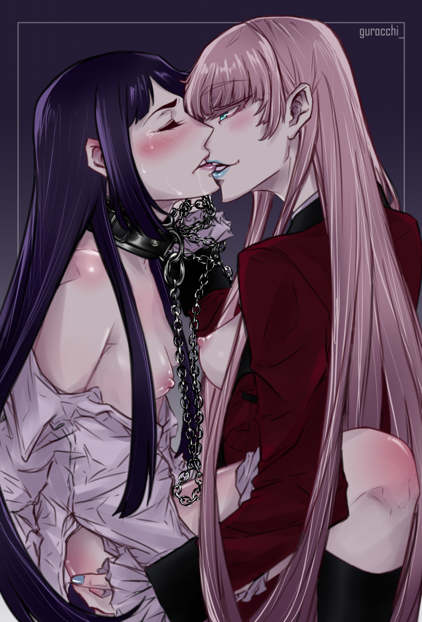 2girls artist_name ass_grab biting biting_lip blue_eyes blue_hair blush bondage breasts breasts_out chains closed_eyes collar gurocchi highres hyakkaou_academy_uniform igarashi_sayaka kakegurui lipstick long_hair looking_at_another makeup medium_breasts momobami_kirari multiple_girls nail_polish nipples panties panties_around_one_leg perky_breasts romantic school_uniform small_breasts socks tears teeth underwear uniform yuri