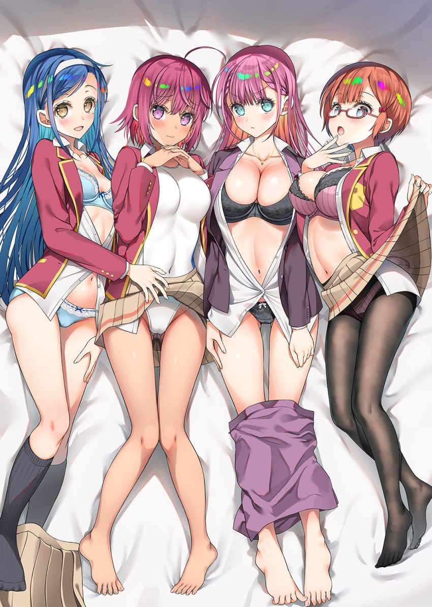 4girls asahina_hikage bokutachi_wa_benkyou_ga_dekinai bra female female_only furuhashi_fumino_(bokuben) human kirisu_mafuyu_(bokuben) looking_at_viewer lying multiple_girls ogata_rizu_(bokuben) panties pantyhose partially_clothed skirt skirt_around_legs skirt_down skirt_lift skirt_lifted_by_self slq socks takemoto_uruka_(bokuben) teacher