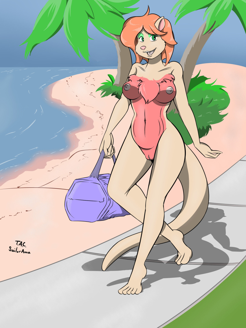 3:4 anthro beach breasts chest_tuft eyeshadow female hi_res makeup mammal mink mustelid musteline navel nipples nude open_mouth pink_nose sailoranna seaside solo tuft