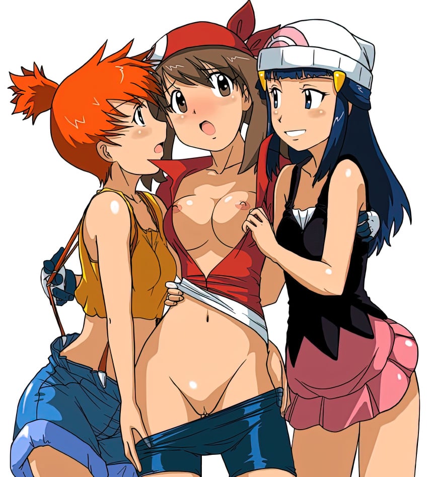 3girls bike_shorts bike_shorts_pull dawn_(pokemon) exposed_breasts female female_only human kakkii kasumi_(pokemon) may_(pokemon) misty_(pokemon) multiple_girls nipples pants_down pokemon pussy undressing yuri