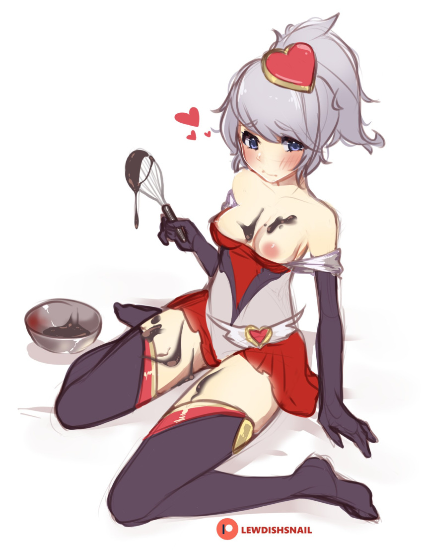 bare_breasts blue_eyes blush breasts chocolate chocolate_on_breasts colored_sketch embarrassed hair_ornament heartbreakers_series heartseeker_quinn highres league_of_legends lewdishsnail medium_breasts nipples on_ground quinn silver_hair solo solo_female solo_focus thighhighs