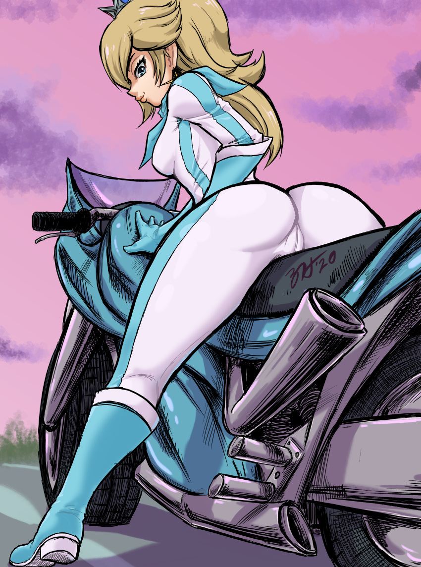 1girls 2020 absurd_res ass bent_over bike_outfit_(mario_kart) blonde_hair blue_eyes bodysuit boots breasts cameltoe crown earrings female female_only jumpsuit leaning_forward legs long_hair lordguyis mario_(series) mario_kart medium_breasts motorcycle motorcycle_suit nintendo outside pink_sky png princess_rosalina pussy scarf sideboob solo star_earrings vehicle