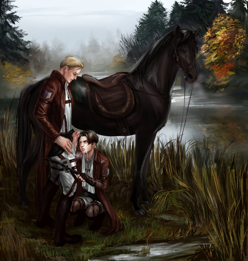 2boys aivelin animal attack_on_titan blonde_hair blowjob bodily_fluids bolo_tie clothed clothing cum cum_on_face erwin_smith facial gay genital_fluids genitals hand_on_penis horse human human_only jean_kirstein levi levi_ackerman male male/male male_on_male male_only on_knees oral oral_sex outdoors outside penis penis_out shingeki_no_kyojin source_request standing uniform yaoi