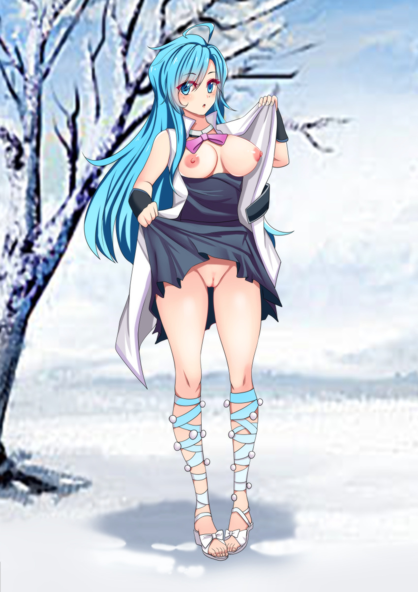 black_dress blue_hair breasts breasts_out dong_quanqiu_(douluo_dalu) douluo_dalu douluo_dalu_4 feet female no_bra no_panties snow tree undressing