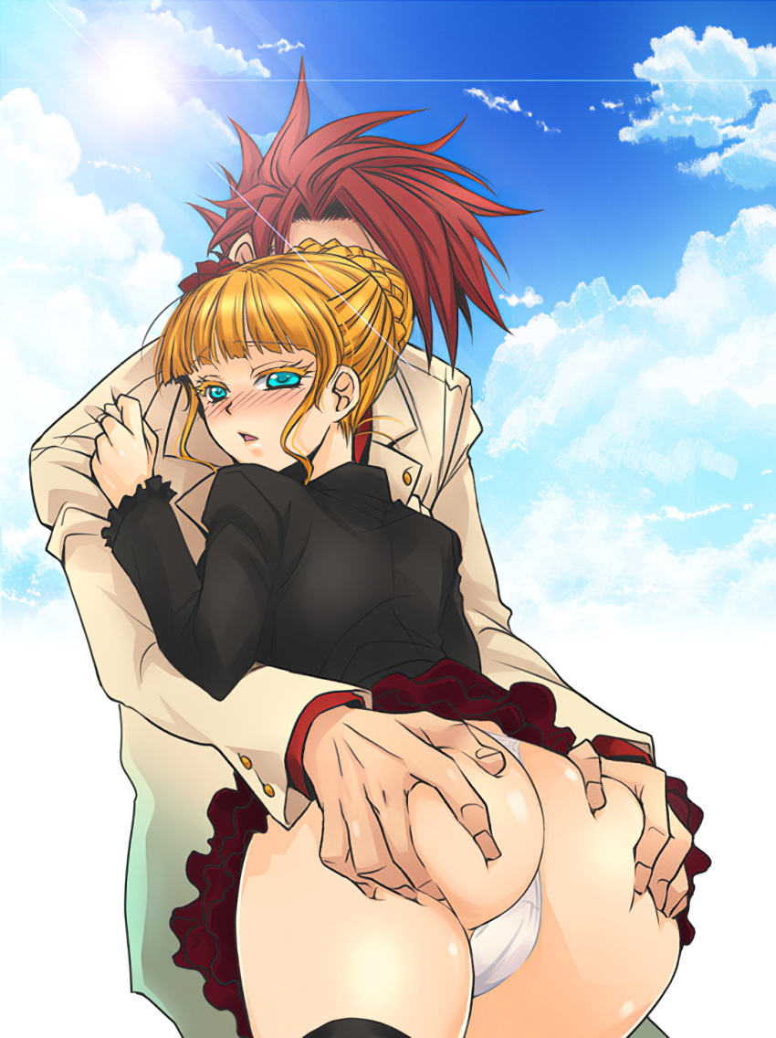 07th_expansion 1boy 1girls ass ass_grab ass_squeeze back_view battler_ushiromiya beatrice_(umineko) blonde_hair blue_eyes blush clothed_male exposed_ass female hand_on_ass male ryuukishi07 short_skirt skirt_lift tagme thighs thong umineko_no_naku_koro_ni underwear white_thong