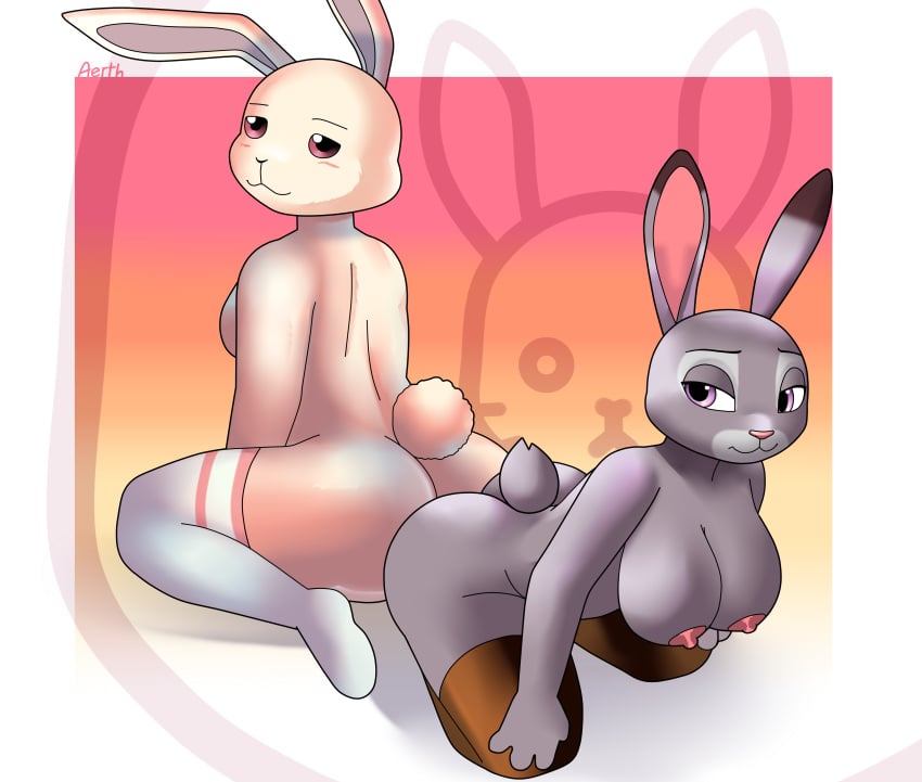 2021 2girls aerth ass ass_to_ass beastars breasts crossover disney duo female grey_body haru_(beastars) judy_hopps lagomorph large_breasts leggings long_ears long_socks mammal netflix nipples rabbit smile socks stockings white_body zootopia