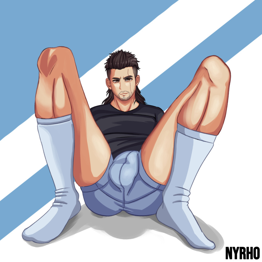 bara beard big_ass big_balls big_bulge big_butt big_feet black_shirt blue_underwear brown_eyes brown_hair bulge dark_eyes dark_hair final_fantasy final_fantasy_xv gladiolus_amicitia huge_bulge long_socks male male_only muscle muscles muscular muscular_male nyrho nyrho_rny scar sitting socks t-shirt thick_thighs tshirt underwear white_socks