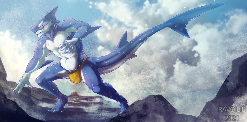 2021 anthro balls ballsack bulge clouds day detailed_background digital_media_(artwork) fish hi_res jockstrap jockstrap_only male male_only marine mist muscle muscles muscular muscular_anthro muscular_arms muscular_male muscular_thighs nipples outside ravoilie scalie shark shark_tail shark_teeth sharp_teeth shore shoreline sky solo tail wet_skin