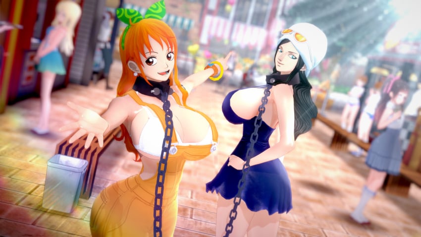 3d arcee80 bikini_top black_hair dress female female_only koikatsu metal_collar nami_(one_piece) nico_robin one_piece orange_hair overalls pearl_earrings short_dress sideboob slave slave_collar slave_girl walking