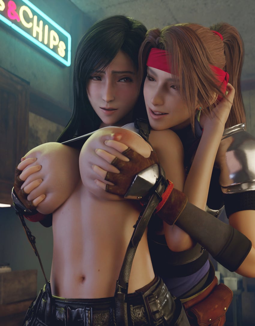 2girls 3d areolae batesz big_breasts black_hair blender breast_fondle breast_grab breast_worship breasts brown_hair female female_only final_fantasy final_fantasy_vii final_fantasy_vii_remake from_behind headband jessie_rasberry large_breasts latina latina_female lesbian lesbian_focus lesbian_pleasure looking_at_viewer navel nipples ponytail shirt_up smile suspenders tetas tifa_lockhart yuri