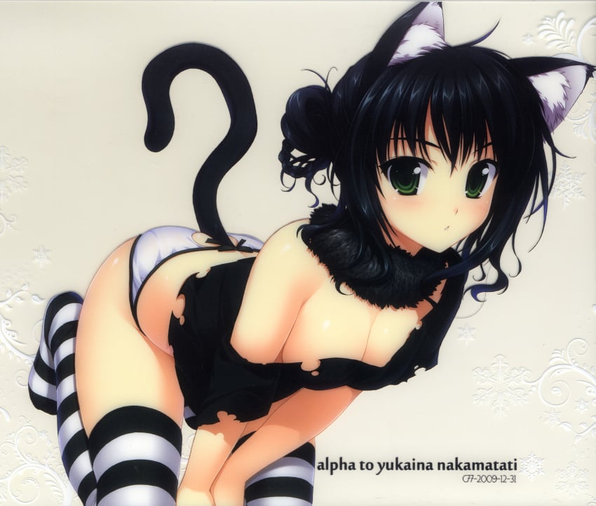 1girls all_fours alpha_(yukai_na_nakamatachi) animal_ears bare_shoulders black_hair black_topwear blush bow_panties cat_ears cat_tail catgirl cleavage female fur_collar green_eyes hair_bun hair_up medium_breasts original panties simple_background sitting solo striped_legwear tail tail_cutout thighhighs torn_shirt white_panties