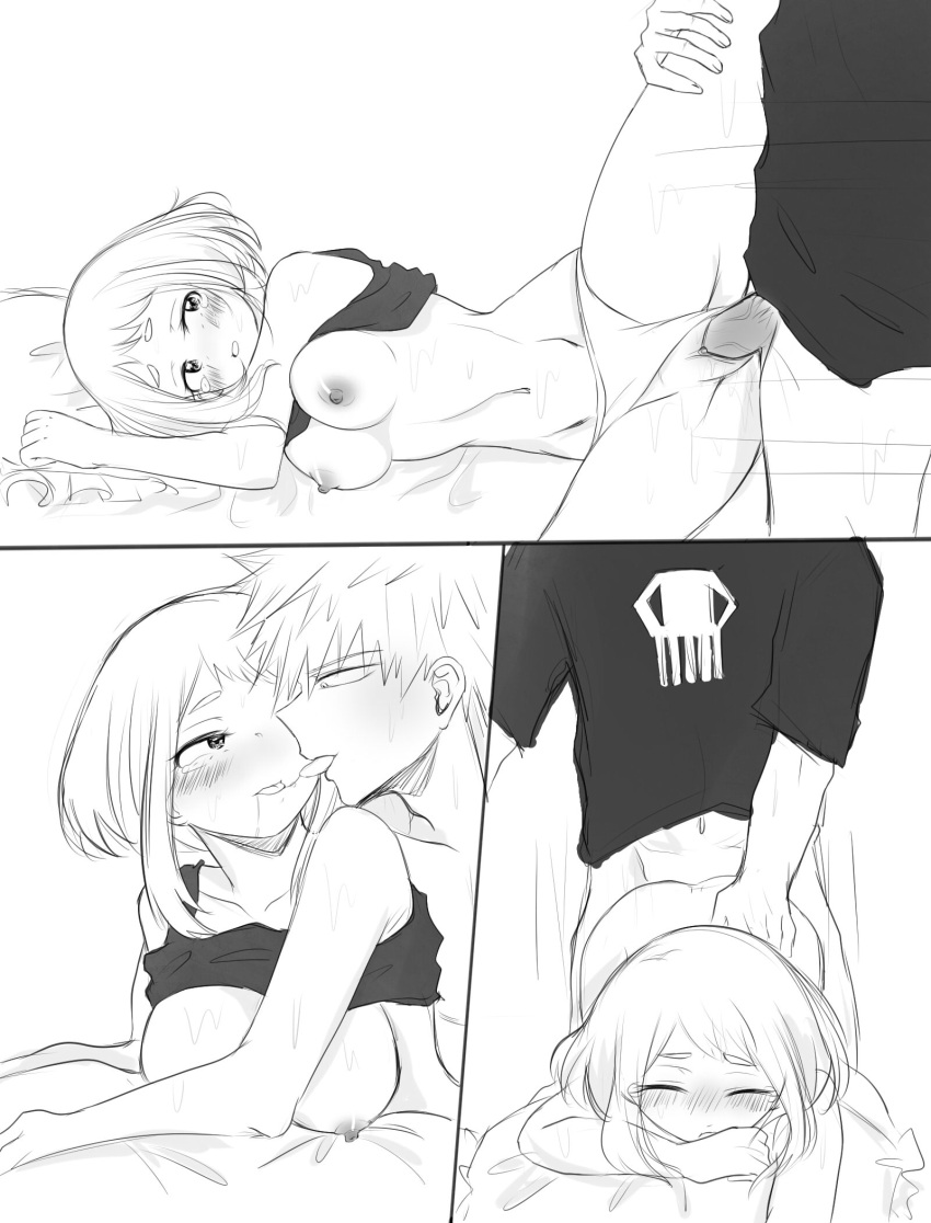 1boy 1girls ass big_breasts breasts breasts_out doggy_style female from_behind_position grchloex katsuki_bakugou leg_grab leg_up legs_held_open male male/female monochrome multiple_positions my_hero_academia ochako_uraraka panties panties_aside penetration saliva_string sex shirt_up straight tongue_out underwear vaginal_penetration