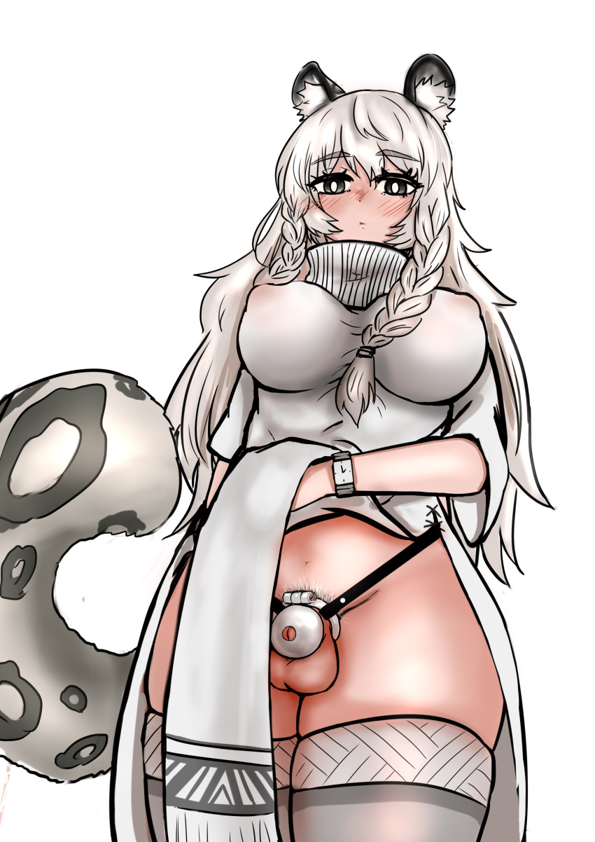 1futa animal_ears arknights balls big_breasts breasts busty cat_ears catgirl chastity chastity_cage clothed clothing curvy curvy_figure futa_only futanari hips humanoid kemonomimi leopard loincloth loincloth_aside loincloth_lift looking_at_viewer nipple_bulge nipples nipples_visible_through_clothing pale_skin partially_clothed pramanix_(arknights) skindentation small_penis solo standing stockings thick thick_thighs thighhighs thighs wide_hips yioyituyu