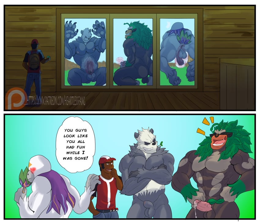 absurd_res anthro battle english_text heartlessfang hi_res male_only muscular nintendo oranguru pacman20 pangoro pokémon_(species) pokemon rillaboom text video_games