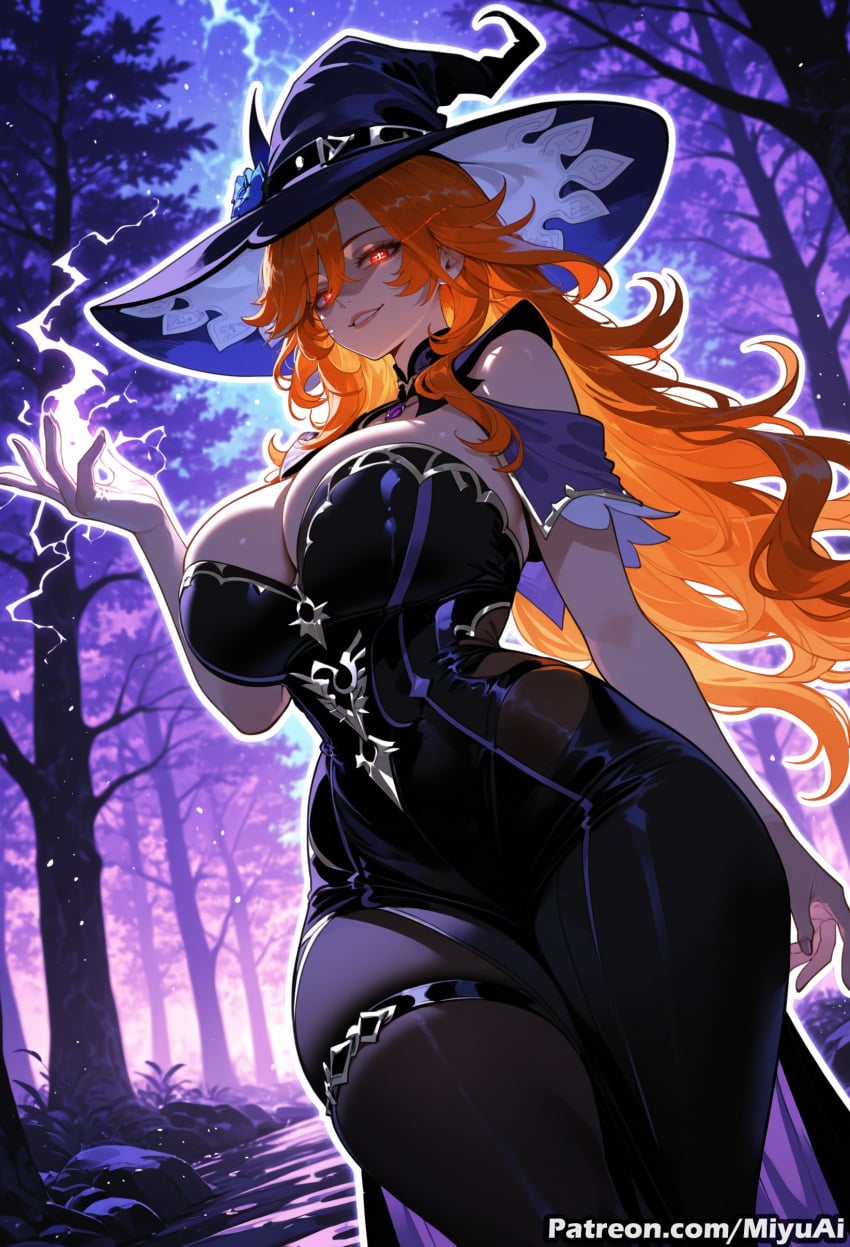 1girl ai_assisted ai_generated bare_shoulders bare_tree black_dress breasts cleavage curvaceous curvy curvy_female curvy_figure dress female forest full_moon genshin_impact hat huge_breasts large_breasts long_hair looking_at_viewer mavuika_(genshin_impact) miyuai moon nature night night_sky orange_eyes orange_hair outdoors red_eyes smile solo thick thick_ass thick_butt thick_hips thick_legs thick_thighs thighs tree voluptuous voluptuous_female wide_hips wide_thighs witch witch_hat