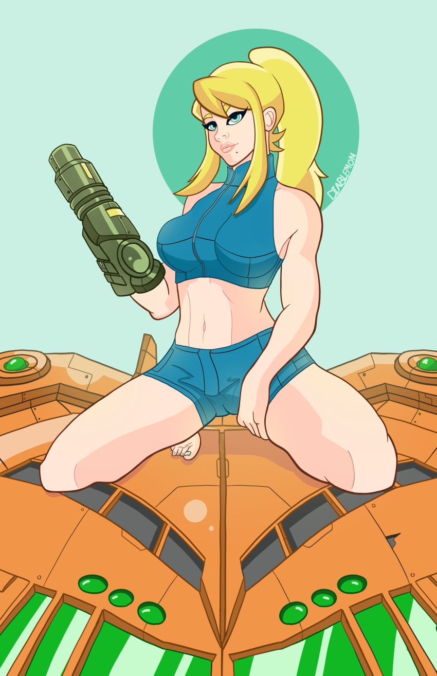 big_breasts blonde_hair blue_eyes casual_outfit_(metroid) clothed diablemon light-skinned_female light_skin metroid midriff nintendo pinup ponytail samus_aran sports_bra