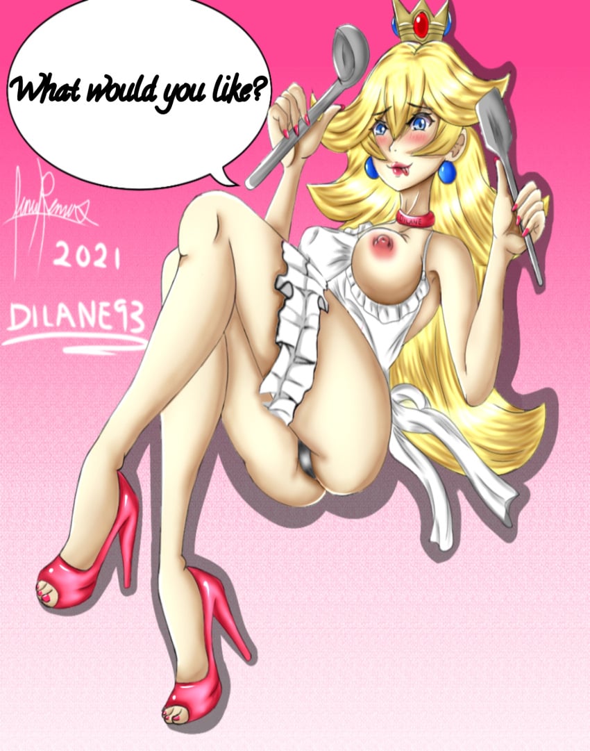 1girls apron apron_only armpits ass big_ass big_breasts blonde_hair blue_eyes blush breasts breasts_out choker crown curvy_figure dilane93 earrings female female_only gradient_background heels high_heels holding_object kitchen_utensils legwear lipstick long_hair long_legs looking_at_viewer mario_(series) nail_polish nails nintendo nipples open_toe_shoes panties princess_peach smiling_at_viewer solo toenail_polish tongue_out