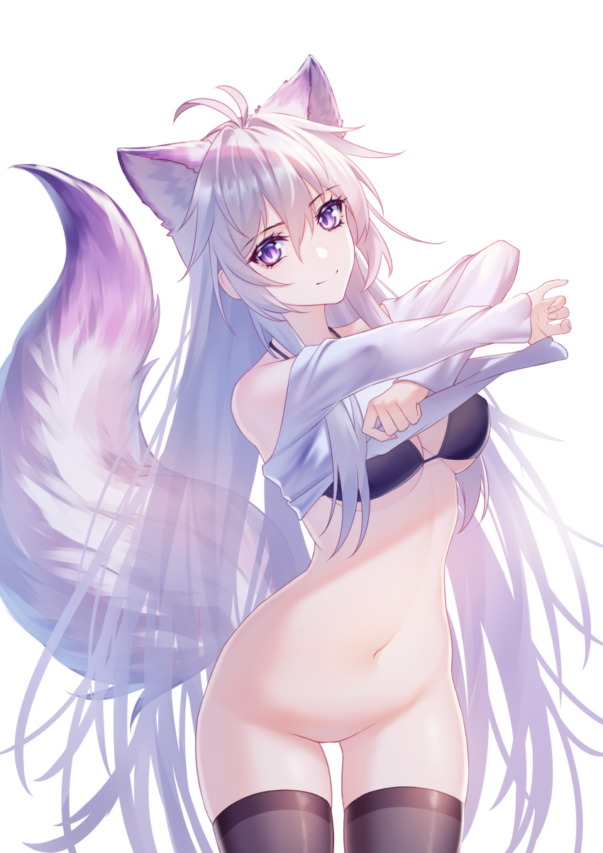 1girls absurdres animal_ears antenna_hair bangs black_legwear bottomless bra breasts commentary_request eyebrows_visible_through_hair female female_only fox_ears fox_tail groin hair_between_eyes highres kirby_d_a long_hair looking_at_viewer medium_breasts navel no_panties original purple_eyes shirt_lift silver_hair solo solo_female stomach tail thighhighs thighs underwear undressing very_long_hair