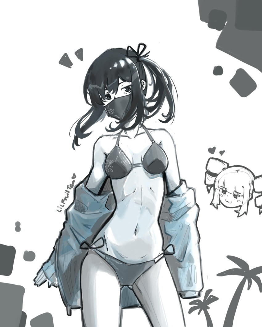 barely_clothed bikini bikini_bottom bikini_top black_and_white black_hair blush cam_(the_otachan_show) face_mask lilfruittea mask otachan otakuvs partially_clothed ponytail questionable small_breasts the_otachan_show