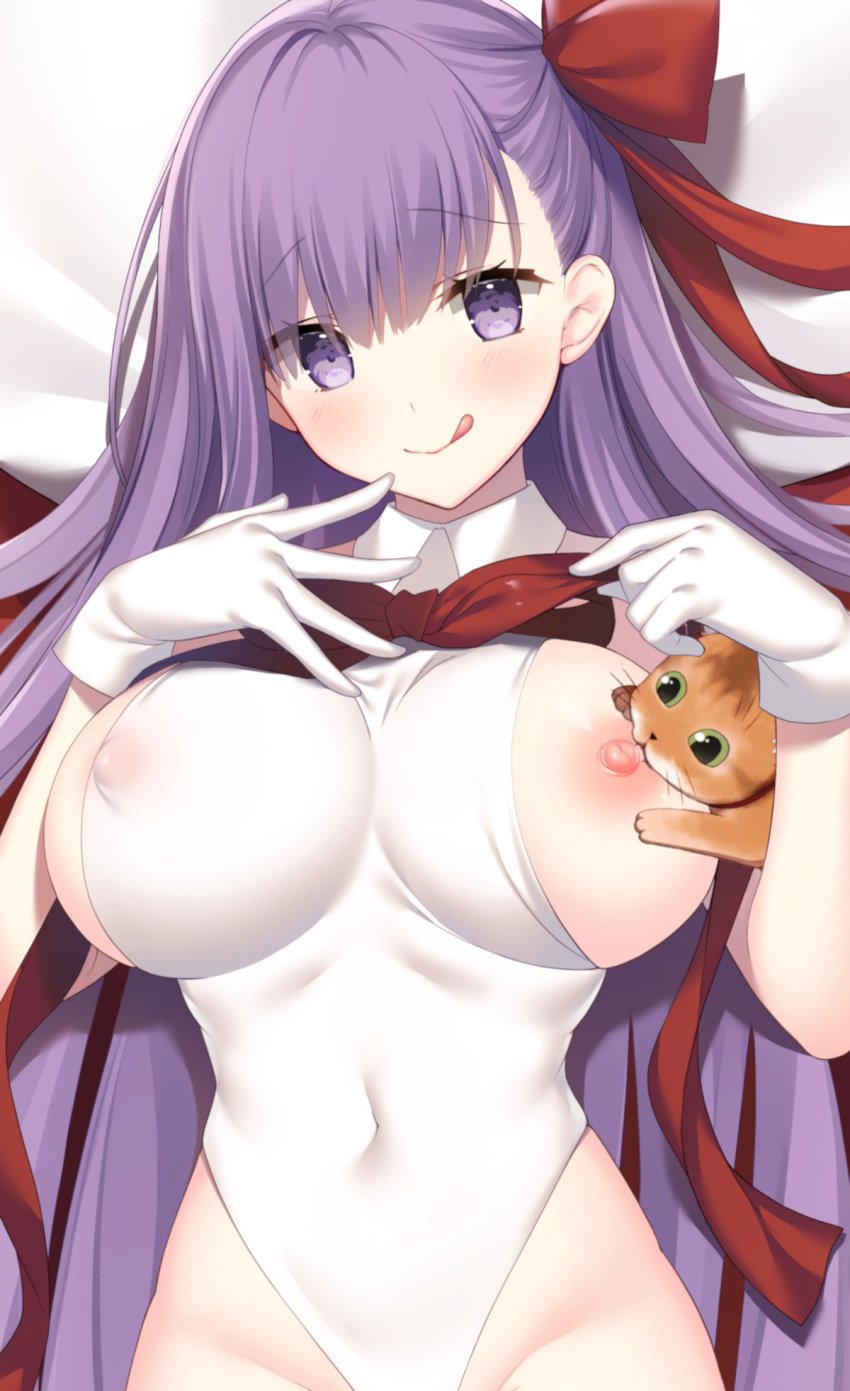 areolae aroused bb_(fate) blush breast_feeding breast_lick breast_slip breasts erect_nipples erect_nipples_under_clothes fate/grand_order fate_(series) feline female female feral feral_on_female gloves high_resolution hips horny huge_breasts interspecies large_breasts leotard leotard_aside licking long_hair lying miko_92 navel nipple_licking nipples one_breast_out_of_clothes puffy_areolae purple_eyes purple_hair ribbon seductive seductive_smile sideboob teasing tight_clothing tongue tongue_out undressing very_long_hair