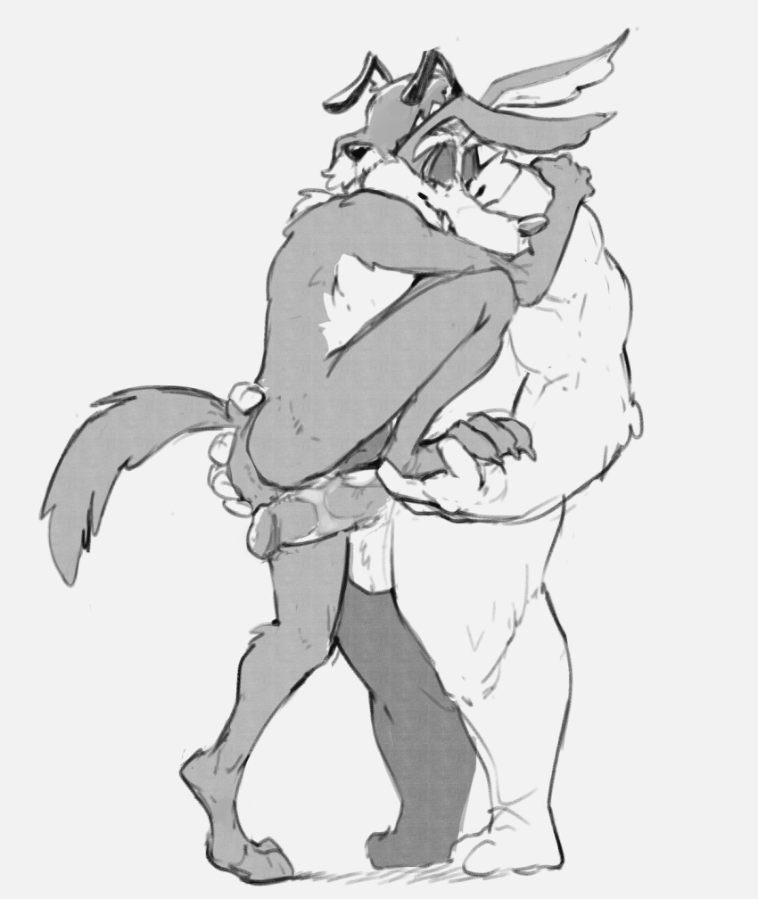 2021 anthro ass balls canid canine canis coyote custapple domestic_dog duo embrace erection genitals grinding hair_over_eyes half-closed_eyes hand_on_foot hi_res humanoid_genitalia humanoid_penis larger_male looney_tunes male male/male mammal narrowed_eyes penis ralph_e._wolf retracted_foreskin sam_sheepdog size_difference smaller_anthro smaller_male warner_brothers