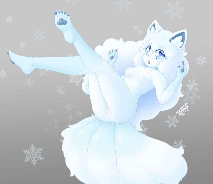 absurd_res alolan_vulpix anthro anus blasticussaturn blue_eyes cute feet female fur genitals hair hi_res inner_ear_fluff looking_at_viewer nintendo nipples nude open_mouth pawpads pokemon pokemon_(species) pussy regional_form_(pokémon) signature simple_background snowflake soles solo toes tuft video_games vulpix white_body white_fur white_hair