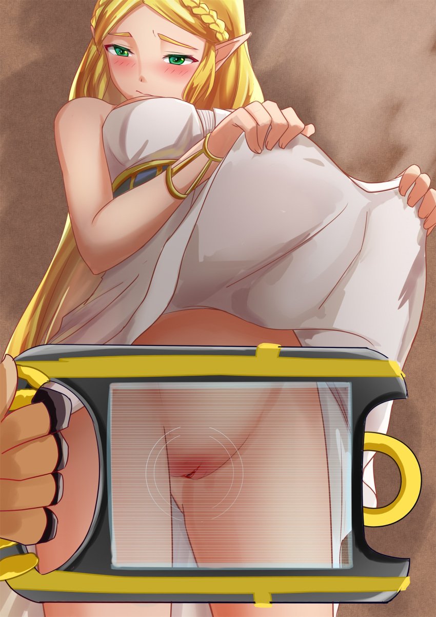 1girls blonde_hair blush breath_of_the_wild camera_rune demigoddess dress_lift exposed_pussy hayate_(artist) hylian looking_at_viewer princess_zelda pussy taking_picture the_legend_of_zelda thighs zelda's_ceremonial_robes zelda_(breath_of_the_wild)