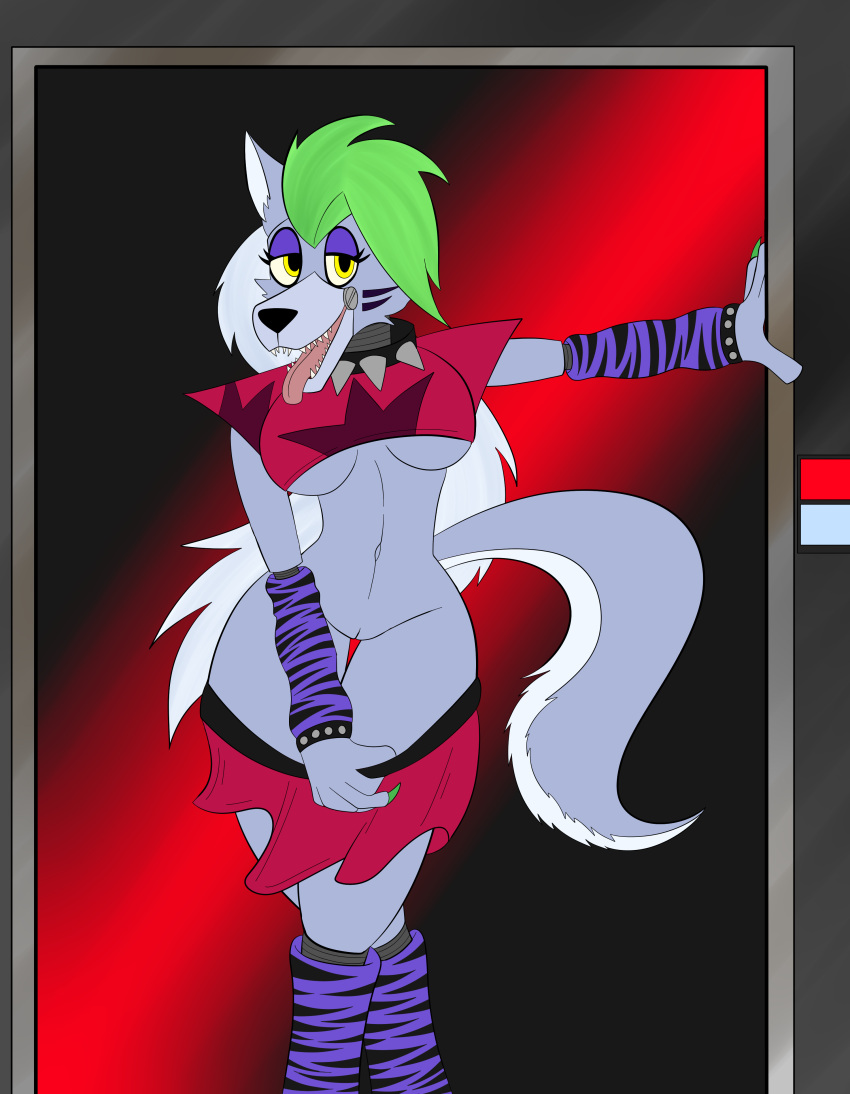 absurd_res animatronic anthro arm_warmers armwear bottomwear canid canine canis clothing collar eyeshadow female five_nights_at_freddy's five_nights_at_freddy's:_security_breach hi_res highlights_(coloring) leg_warmers legwear machine makeup mammal miniskirt robot rorrek roxanne_wolf_(fnaf) sharp_teeth skirt solo spiked_collar spikes teeth tongue tongue_out undressing video_games wolf
