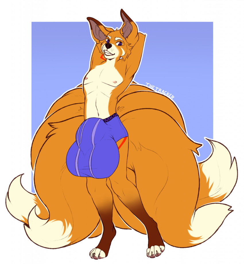 1male animal_genitalia anthro balls balls_to_knees big_balls big_sheath boxer_briefs canid canine canis clothed clothed_male clothing flaccid fox fur genitals hi_res huge_balls huge_sheath hybrid hyper hyper_balls hyper_genitalia hyper_sheath knottytracker loki_(cheatnow) looking_at_viewer male male_only mammal nipples non-nude sheath simple_background smile solo standing underwear wolf