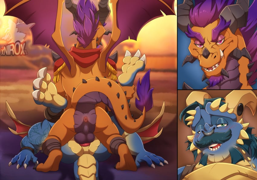 anal anal_sex anthro anus ass backsack balls blush conditional_dnp dragon duo gavin_(spyro) genitals looking_at_viewer male male/male male_penetrated male_penetrating male_penetrating_male mating_press penetration penis sex titan_(spyro) wings xnirox