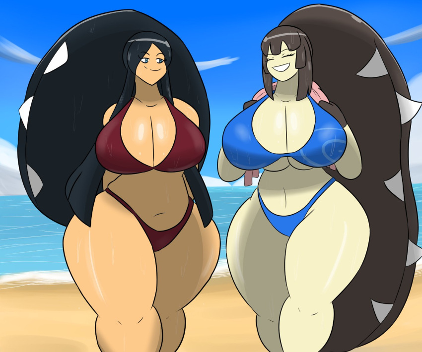 2girls alternate_breast_size anthro beach bikini huge_breasts igphhangout mawile olivia_(igph) pokemon pokemon_(species) swimsuit wide_hips