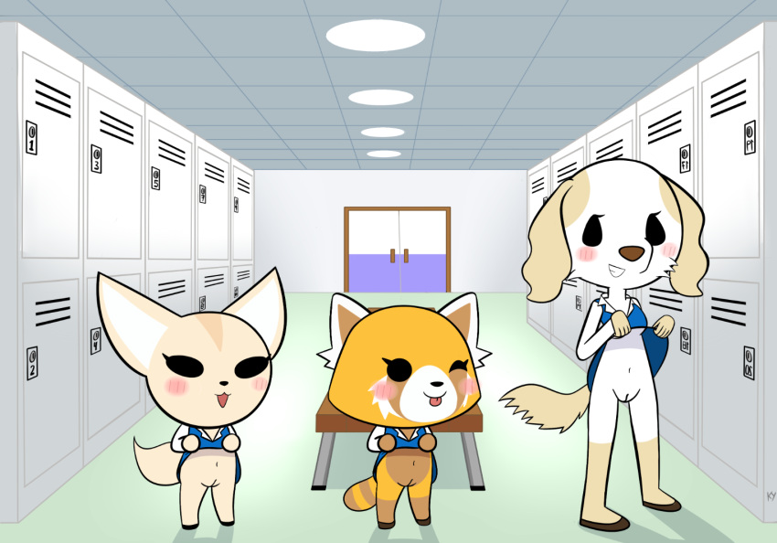 :3d aggressive_retsuko aggretsuko ailurid anthro blush borzoi canid canine canis clothed clothing clothing_lift domestic_dog dress dress_lift female fennec fenneko fox fur genitals group hunting_dog inui_(aggressive_retsuko) inui_(aggretsuko) konami_yung locker_room mammal navel no_underwear office_lady one_eye_closed open_mouth open_smile orange_body orange_fur pussy red_panda retsuko sanrio sighthound smile straight_hair striped_tail stripes tan_body tan_fur tongue tongue_out undressing wink