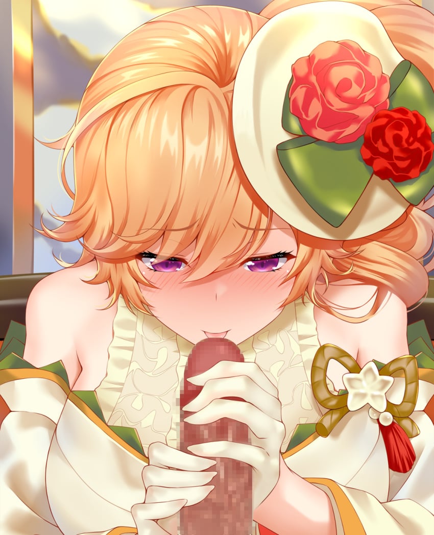 1boy azur_lane bare_shoulders blush breasts censored center_frills dark-skinned_male dark_skin drill_hair earrings female flower frills gloved_handjob gloves hajika half_gloves handjob hat hat_flower highres interracial japanese_clothes jewelry kimono large_breasts licking licking_penis light-skinned_female light_skin long_hair looking_at_viewer mini_hat mosaic_censoring off-shoulder_kimono official_alternate_costume orange_hair penis purple_eyes richelieu_(azur_lane) richelieu_(evergreen_prophecy)_(azur_lane) side_drill single_drill tilted_headwear white_gloves white_kimono