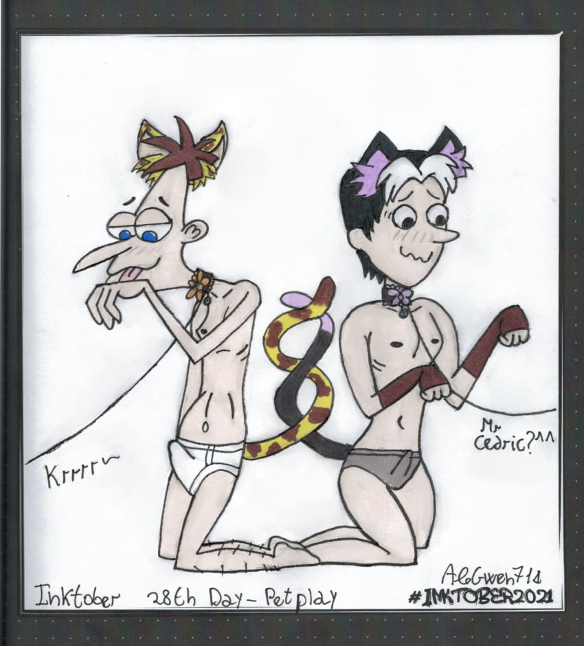 alegwen714 big_head boner cat_ears cat_tail cedric_the_sorcerer crossover dr_heinz_doofenshmirtz erection erection_under_clothes inktober inktober_2021 kitten_play petplay phineas_and_ferb skinny sofia_the_first toony yaoi