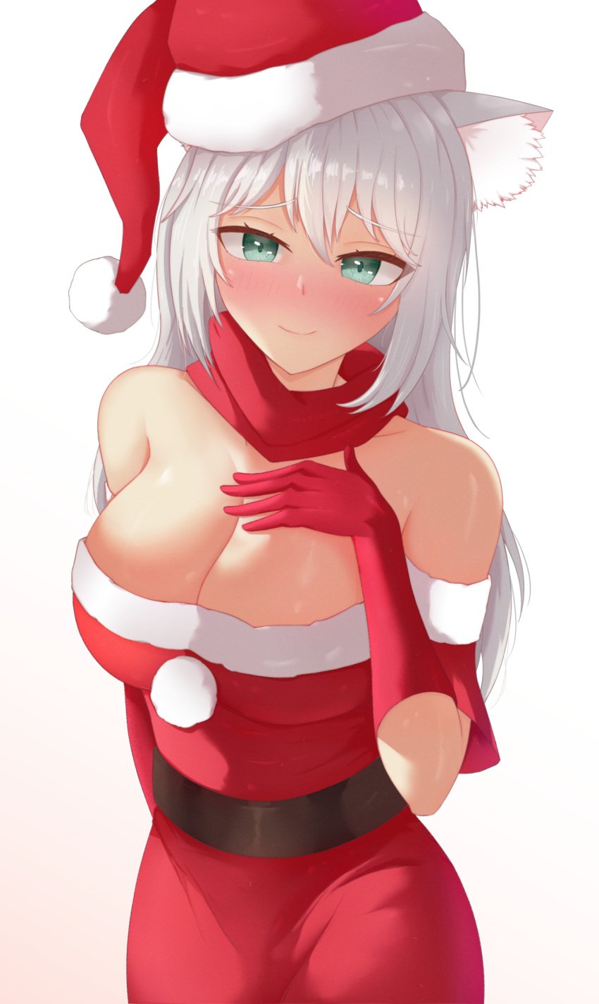 1girls anti_(phantom_forces) big_breasts blush cat_ears christmas female green_eyes kayyski phantom_forces red_clothing roblox roblox_game robloxian santa_hat smile solo solo_focus tagme white_background white_hair