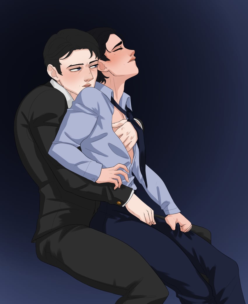 2boys batman batman_(bruce_wayne) bruce_wayne clothed_sex dc dc_comics dick_grayson duo duo_focus gay male male_focus male_only midosune muscular muscular_male nightwing yaoi