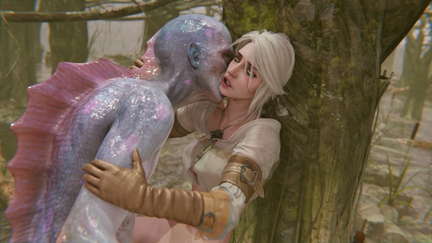 3d ciri drowner female green_eyes kissing monster tagme the_witcher_(series) the_witcher_3:_wild_hunt transparent_clothing wet wet_body wgqhs white_hair