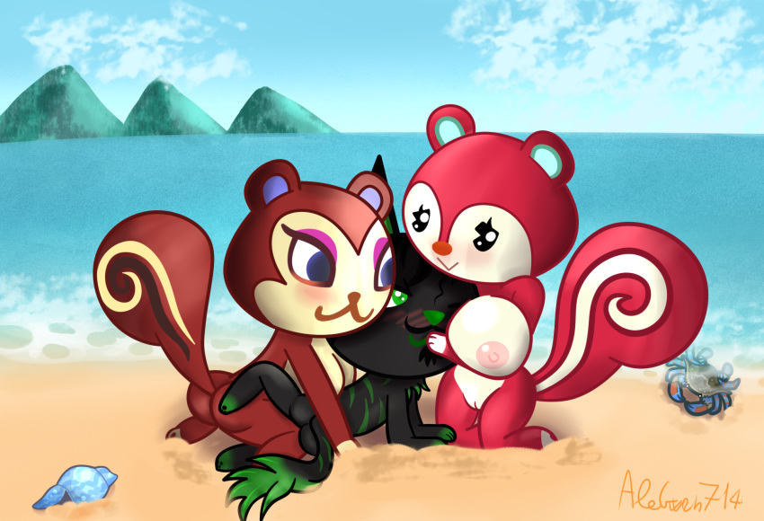 1boy 2girls 2girls1boy alegwen714 animal_crossing beach huge_breasts oc original_character pecan_(animal_crossing) poppy_(animal_crossing) threesome